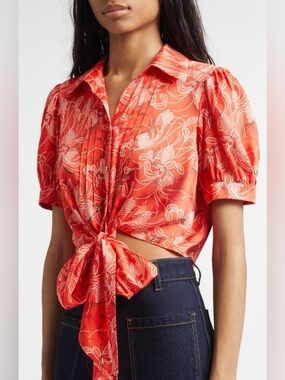 Cinq a Sept Abena Floral Puff Sleeve Tie Front Button-Up Shirt